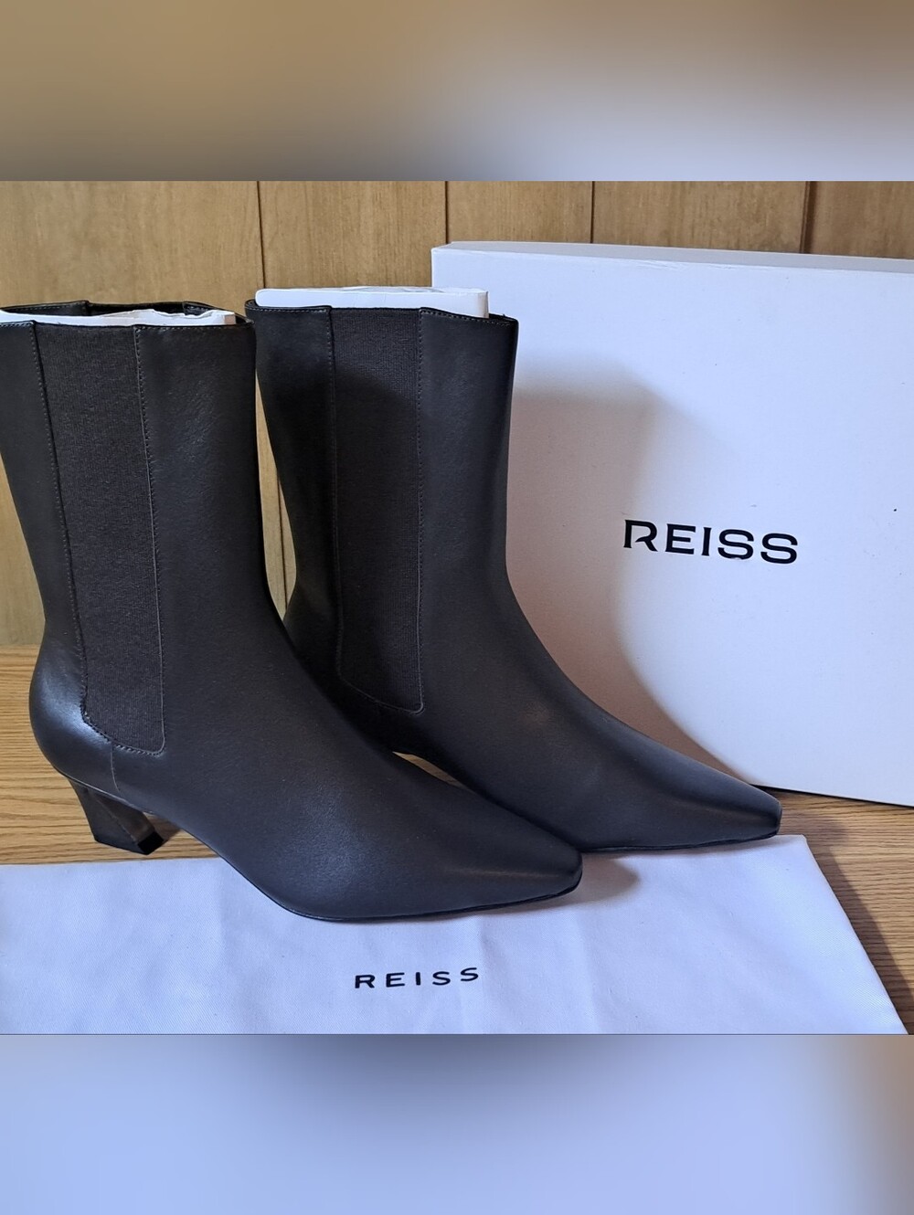 REISS Mina Chocolate Brown Leather Chelsea Boots Pointed Toe New W/ Bag Box 10.5